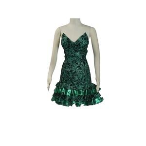 1990s Mike Benet Black Velvet Green Lamé Strapless Ruffled Formal Dress Sz 10